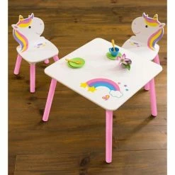 Best Sale ⌛ HearthSong Kids' Rainbow Unicorn Table and Two Chairs Playroom Furniture Set 💯